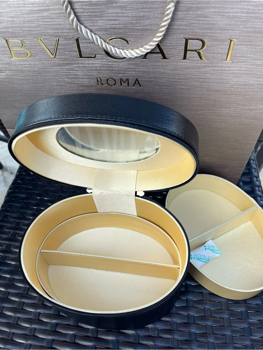Bulgari Black Leather Round Vanity Case with Gold Hardware